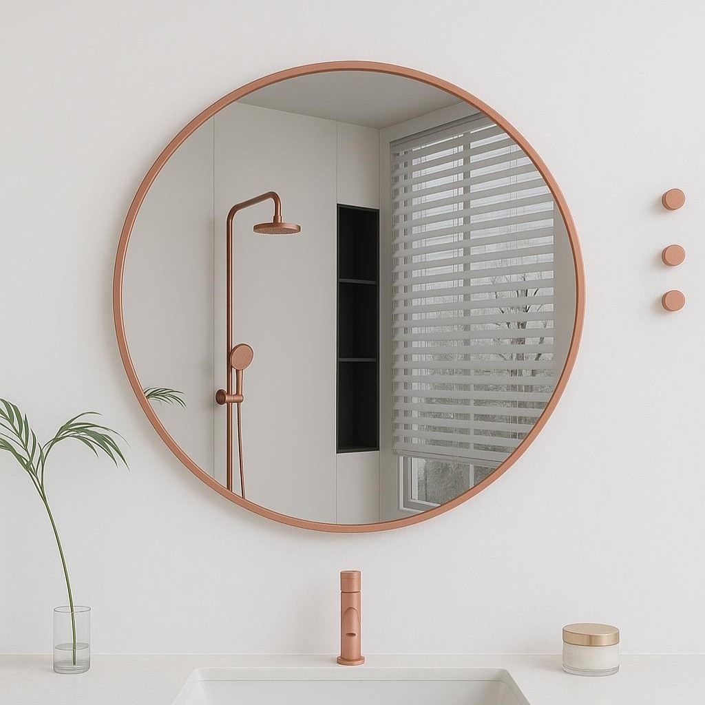 מראה עגולה יוקרתית מסגרת אלומיניום רוז גולד מט קוטר 60